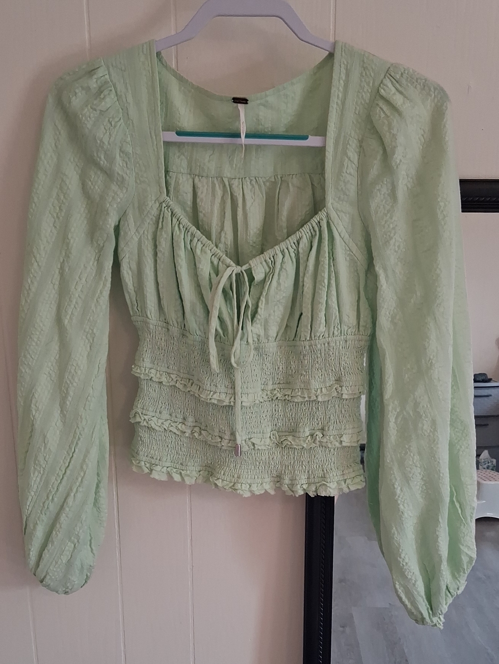 Free People Mint Green Smocked Peasant Blouse Like New